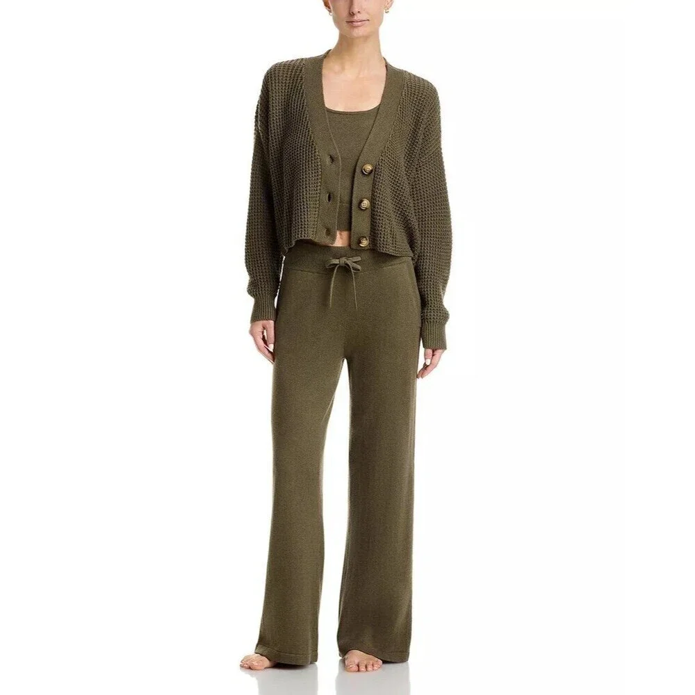Eberjey Sage Green Waffle Knit Cardigan | Recycled Cotton Chunky Sweater M